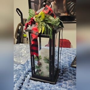 Festive Black Lantern with Candle and Red Plaid Bow Kurts Adler